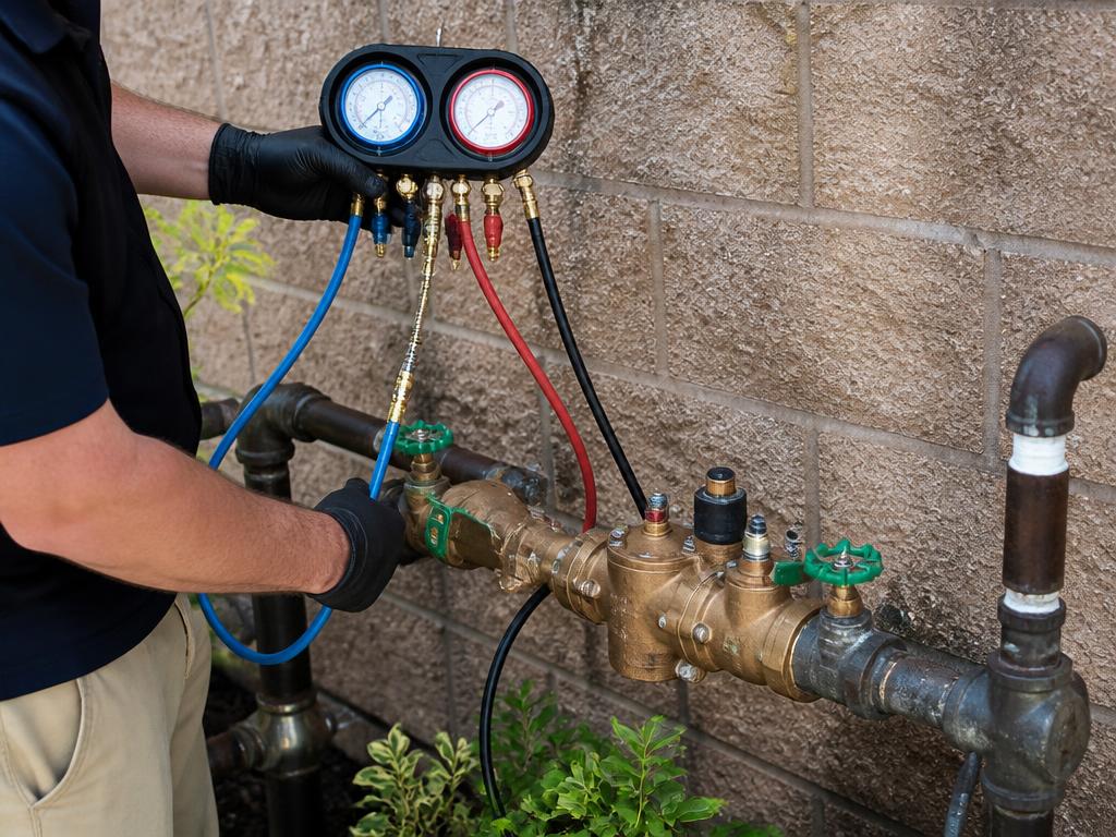 Backflow test kit with pressure gauges connected to a backflow prevention assembly